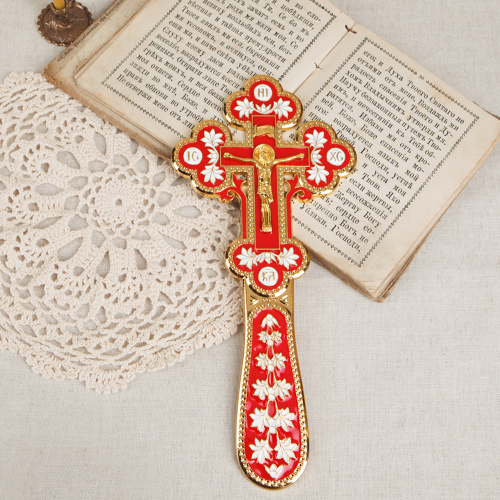 Крест требный, цинковый сплав, красная и белая эмаль, 10х22,5см фото 5