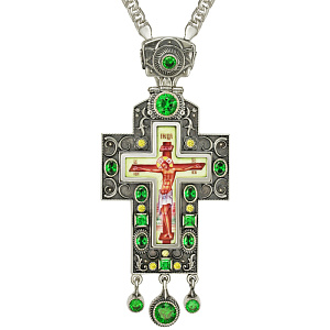 Крест наперсный серебряный, с украшениями, фианиты, высота 14 см (чернение)