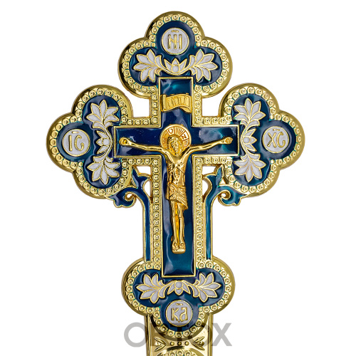 Крест требный / напрестольный латунный с подставкой, синяя и белая эмаль фото 3