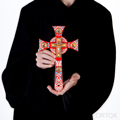Крест требный четырехконечный, красная эмаль, камни, 17х29 см фото 16