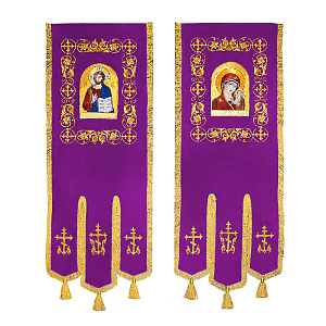 Хоругви вышитые фиолетовые, 50х145 см, комплект (атласный шелк, бахрома щетка, отделка "под золото")
