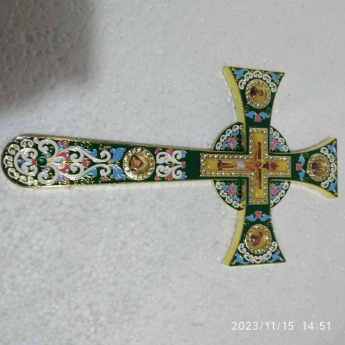 Крест требный четырехконечный, зеленая эмаль, камни, 17х29 см, 100-0921 фото 5