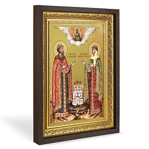 Икона благоверных князей Петра и Февронии Муромских, в широком багете, цвет "темный дуб", на холсте, с золочением (33,5х42,2 см (под икону А4))