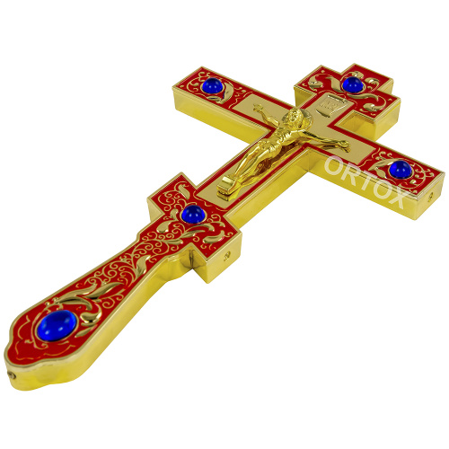 Крест напрестольный, красная эмаль, синие камни, 14,5х26 см фото 4
