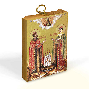 Икона благоверных князей Петра и Февронии Муромских на деревянной основе светлая, на холсте с золочением (5,2х7,4 см (А8))