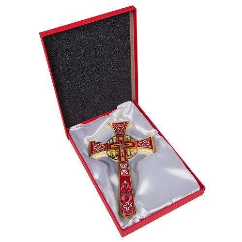 Крест требный четырехконечный, цинковый сплав, красная эмаль, камни, 17х29 см фото 11