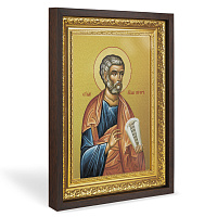Икона апостола Петра, в широком багете, цвет "темный дуб", на холсте, с золочением