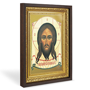 Икона Спасителя "Нерукотворный образ", в широком багете, цвет "темный дуб", на холсте, с золочением (33,5х42,2 см (под икону А4))