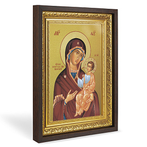 Икона Божией Матери "Иверская", в широком багете, цвет "темный дуб", на холсте, с золочением (33,5х42,2 см (под икону А4))