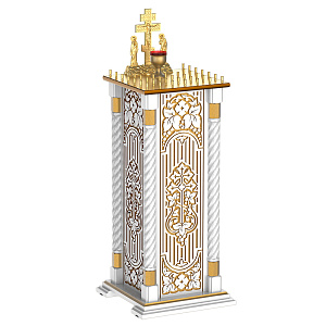 Панихидный стол на 36-50 свечей "Суздальский" белый с золотом (патина), тумба, резьба, 46х46х100 см (36 свечей, без дверки)