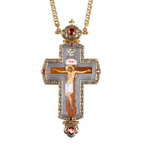 Крест наперсный латунный в позолоте с цепью, фианиты, 8х15,5 см фото 3