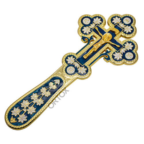 Крест требный / напрестольный латунный с подставкой, синяя и белая эмаль фото 5