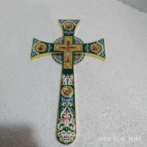 Крест требный четырехконечный, зеленая эмаль, камни, 17х29 см, 100-0921 фото 10