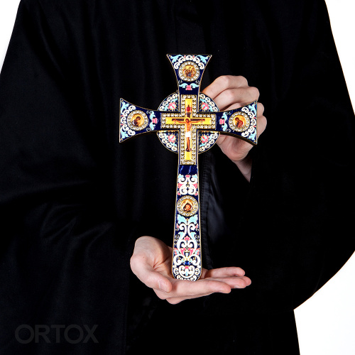 Крест требный четырехконечный, синяя эмаль, камни, 17х29 см фото 13