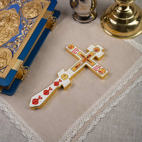 Крест напрестольный, цинковый сплав, белая эмаль, камни, 14,5х26 см фото 3