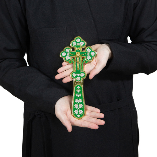 Крест требный, цинковый сплав, зеленая и белая эмаль, 10х22,5 см фото 3