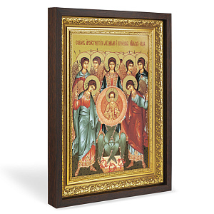 Икона Собора Архангела Михаила, в широком багете, цвет "темный дуб", на холсте, с золочением (33,5х42,2 см (под икону А4))