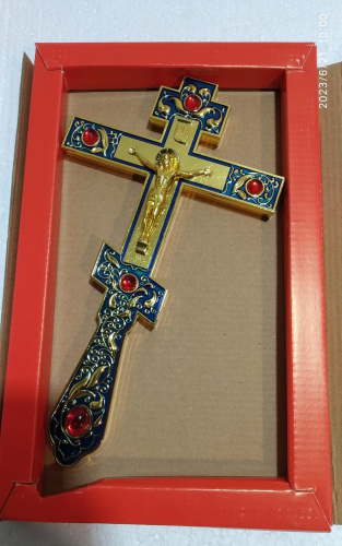 Крест напрестольный латунный синий, 14х26 см, красные камни, У-0634 фото 24
