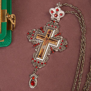Крест наперсный с цепью, 7,5х16 см (красные камни)