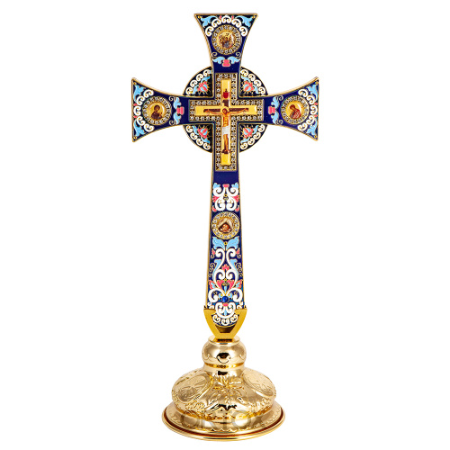 Крест требный четырехконечный, синяя эмаль, камни, 17х29 см фото 6