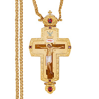 Крест наперсный из ювелирного слава с цепью в позолоте, деколь, фианиты, 8х15,5 см