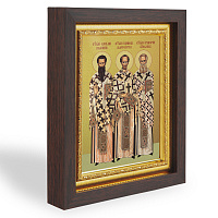 Икона святителей Василия Великого, Григория Богослова и Иоанна Златоуста, в узком багете, цвет "темный дуб", на холсте, с золочением