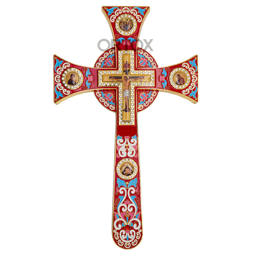 Крест требный четырехконечный, красная эмаль, камни, 17х29 см