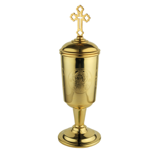 Чаша для елеопомазания из ювелирного сплава с позолотой и гравировкой, высота 15 см