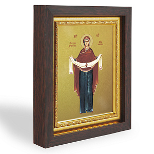 Икона Божией Матери "Покров Пресвятой Богородицы", в узком багете, цвет "темный дуб", на холсте, с золочением №2 (14,3х17,4 см (под икону А7))