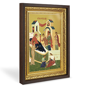Икона Рождества Пресвятой Богородицы, в широком багете, цвет "темный дуб", на холсте, с золочением (33,5х42,2 см (под икону А4))