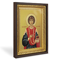 Икона великомученика и целителя Пантелеимона, в широком багете, цвет "темный дуб", на холсте, с золочением