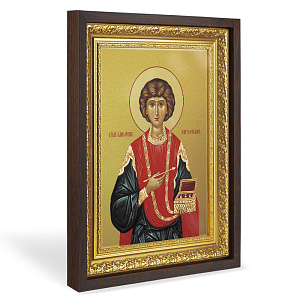 Икона великомученика и целителя Пантелеимона, в широком багете, цвет "темный дуб", на холсте, с золочением (33,5х42,2 см (под икону А4))