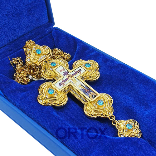 Крест наперсный из ювелирного слава в позолоте, фианиты, 8х16 см фото 4