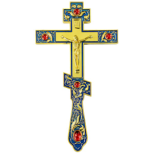 Крест напрестольный, цинковый сплав, синяя эмаль, красные камни, 14,5х26 см, №1 (с полировкой)