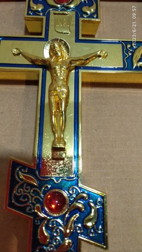 Крест напрестольный латунный синий, 14х26 см, красные камни, У-0634 фото 15
