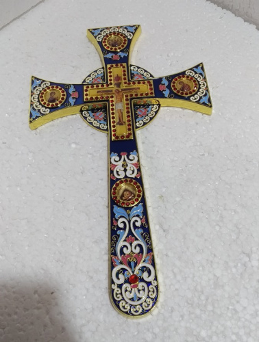 Крест требный четырехконечный, синяя эмаль, камни, 17х29 см, У-0924 фото 7