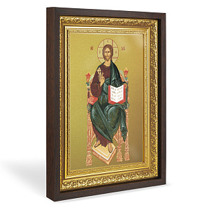 Икона Спасителя "Спас на престоле", в широком багете, цвет "темный дуб", на холсте, с золочением (33,5х42,2 см (под икону А4))