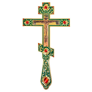Крест напрестольный, цинковый сплав, зеленая эмаль, красные камни, 14,5х26 см (гравировка)