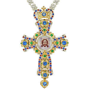Крест наперсный серебряный, с украшениями, позолота, фианиты, высота 14 см (вес 184,1 г)