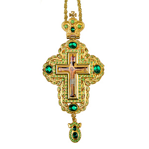Крест наперсный с цепью, цинковый сплав, камни, 7,5х16 см (зеленые камни)