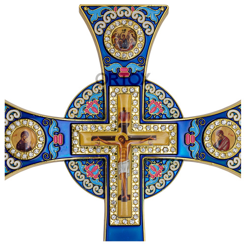 Крест требный четырехконечный, синяя эмаль, камни, 17х29 см фото 4