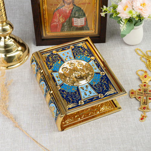 Оклад для Евангелия напрестольного, цинковый сплав, цвет "под золото", синяя эмаль, 16,5х6х24,5 см фото 2