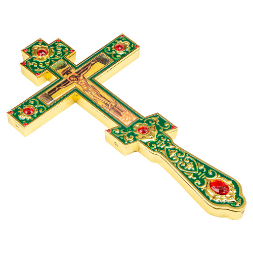 Крест напрестольный, цинковый сплав, зеленая эмаль, красные камни, 14,5х26 см фото 9