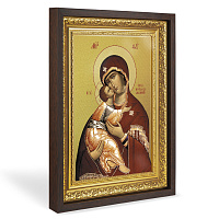 Икона Божией Матери "Владимирская", в широком багете, цвет "темный дуб", на холсте, с золочением