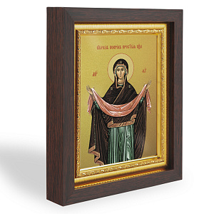 Икона Божией Матери "Покров Пресвятой Богородицы", в узком багете, цвет "темный дуб", на холсте, с золочением (14,3х17,4 см (под икону А7))