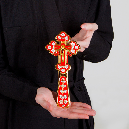 Крест требный, цинковый сплав, красная и белая эмаль, 10х22,5см фото 8