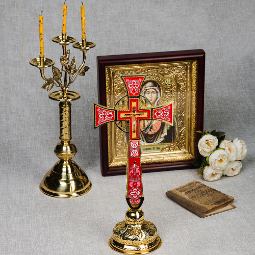 Крест требный четырехконечный, цинковый сплав, красная эмаль, камни, 17х29 см фото 2