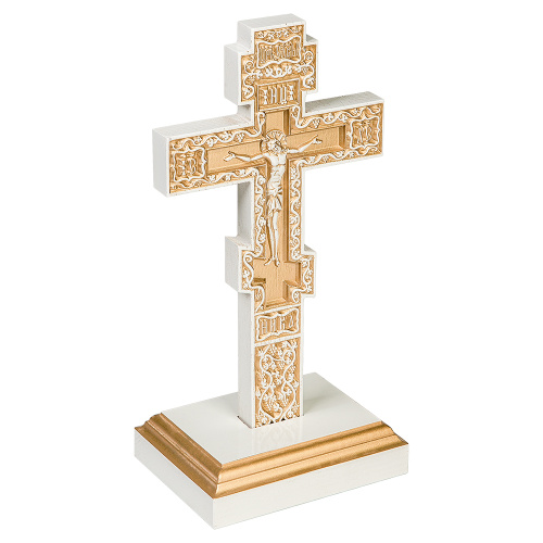 Крест настольный белый с золотом (патина), с подставкой, 17х3,8х31,5 см фото 2