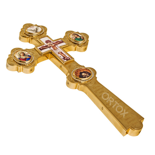 Крест напрестольный из ювелирного сплава в позолоте с фианитами, 17,5х30 см фото 3