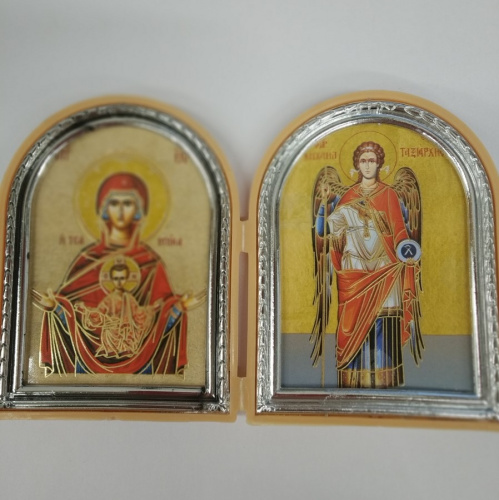 Складень с ликами Божией Матери "Знамение" и Архангела Михаила, арочной формы, 6,4х8,4 см, У-0842 фото 3